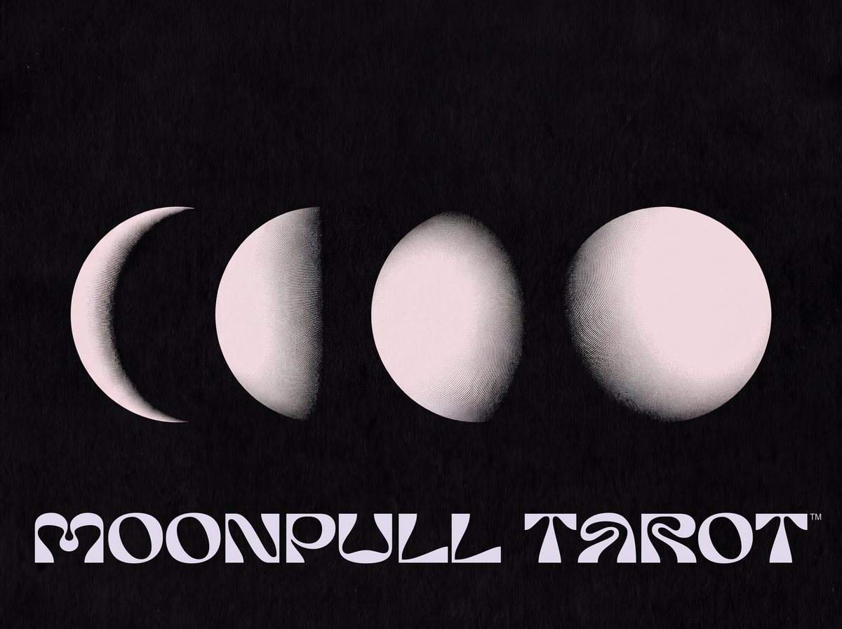 Moonpull Tarot: four moon phases, from crescent to full, above the Moonpull Tarot wordmark